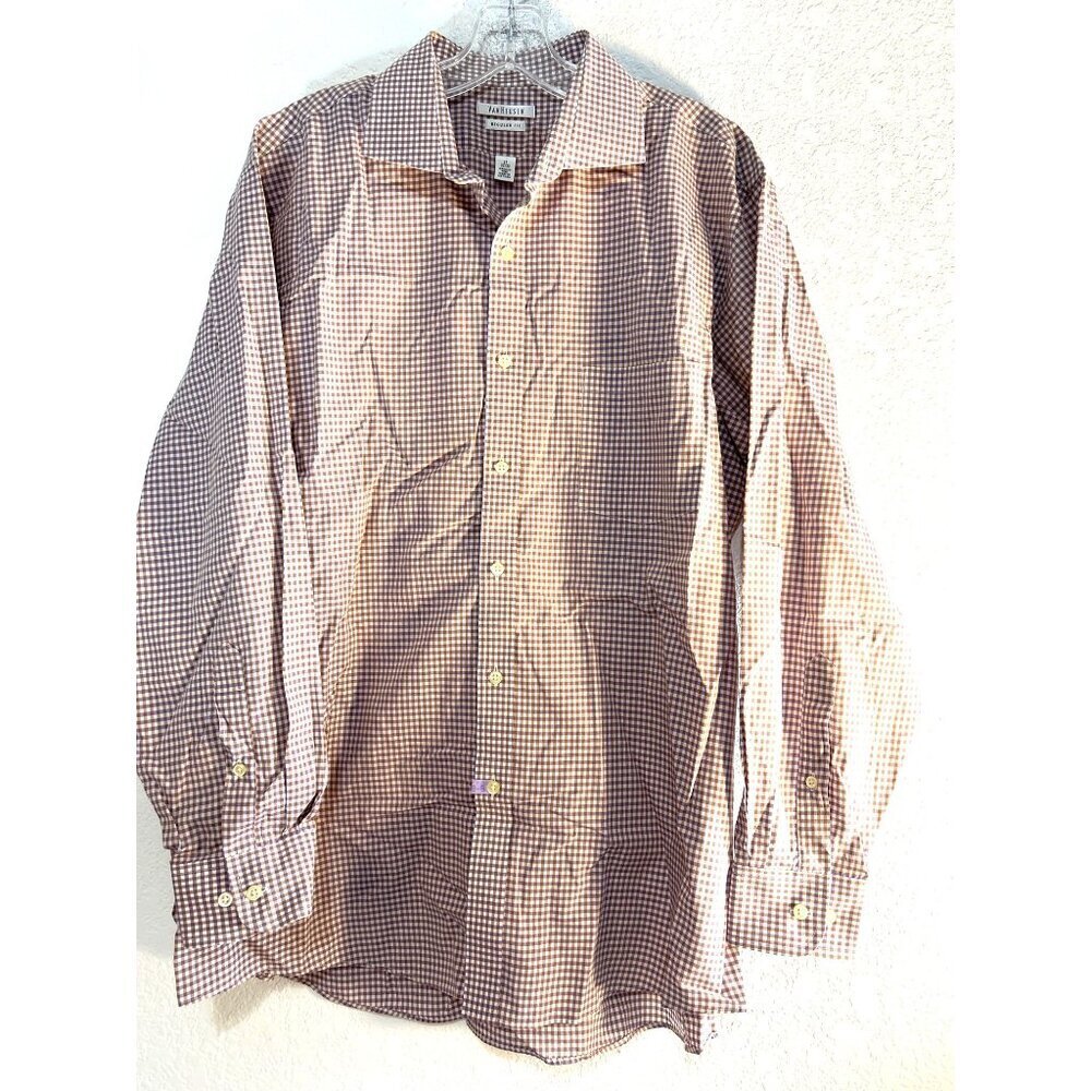 VanHeusen Mens Dress Shirt Long Sleeves Spread Collar Purple/Tan Checked 17 32/3